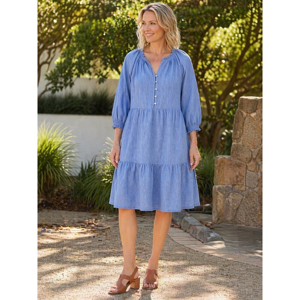 J Jill Love Linen‎ Blue Chambray Tiered Dress Size XL-Petite